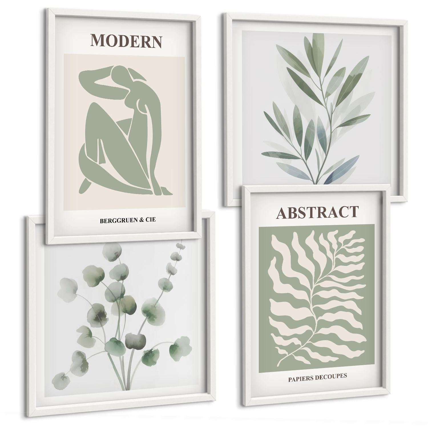 BILDER SET 4er Set - 50x50 cm & 40x60 cm Weißer Rahmen - Matisse entwirft Boho-Pflanzen - Weiß, Kunststoff (50/50cm) - TULUP
