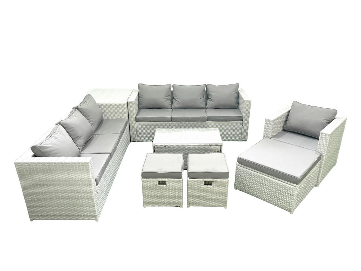 GARTENGARNITUR mit 3-SITZER SOFA,COUCHTISCH Polyrattan Hellgrau-Mix 10-Sitzer - Hellgrau/Grau, Glas/Kunststoff - Fimous