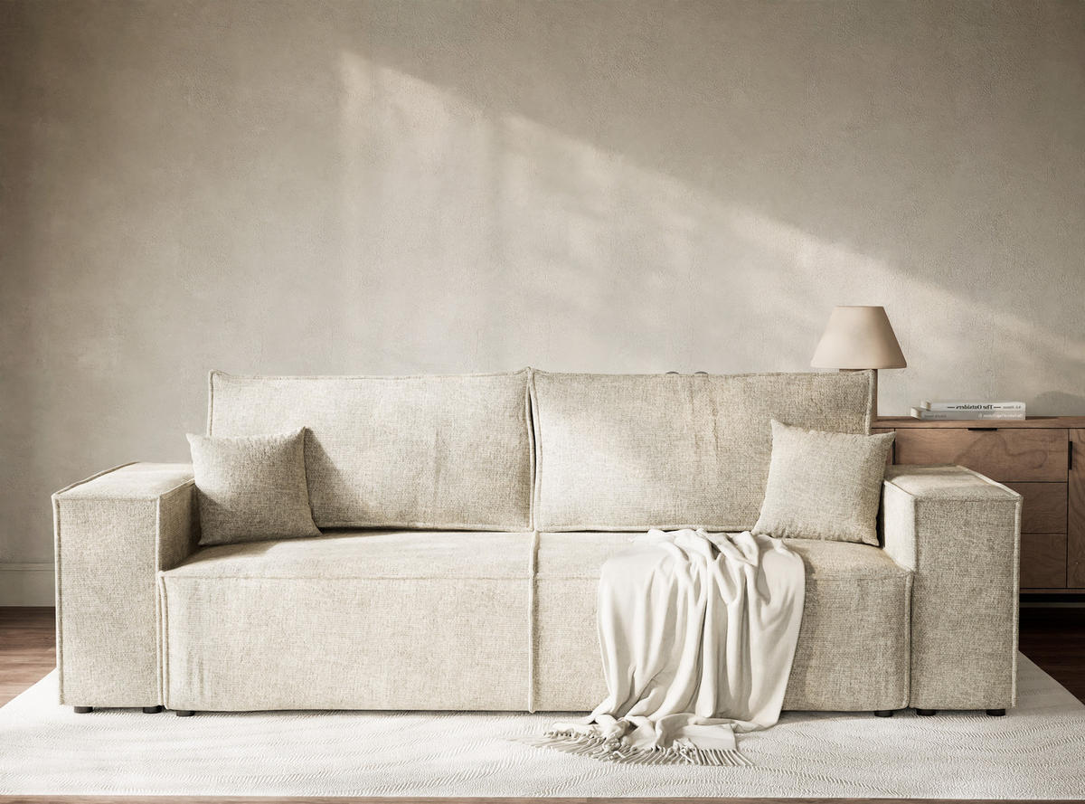 SOFA MIT SCHLAFFUNKTION Milos Beige Chenille-Stoff - Beige/Schwarz, Holz/Holzwerkstoff (255/70/105cm) - Maison de Reve