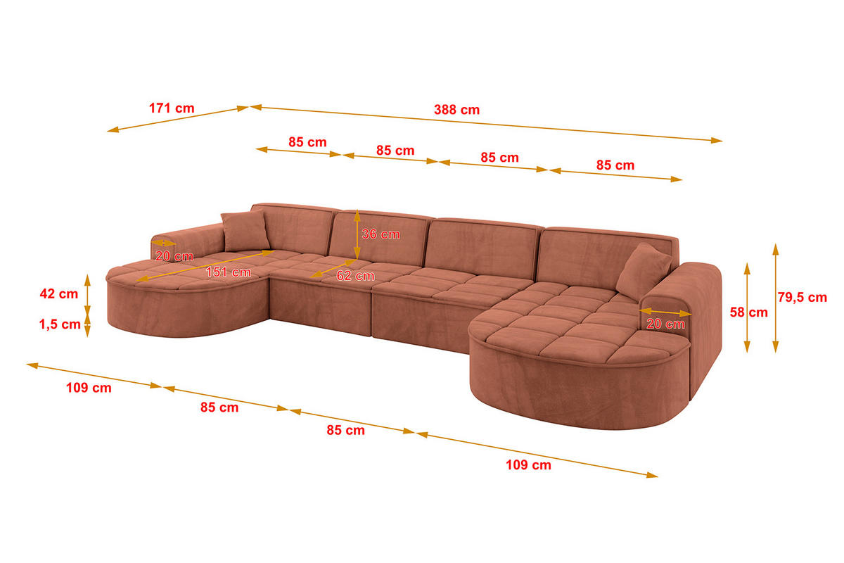 WOHNLANDSCHAFT TARO-U2 - 388x171x79,5 cm Apricot - Koralle, Holzwerkstoff/Textil (388/79.5/171cm) - ALTDECOR