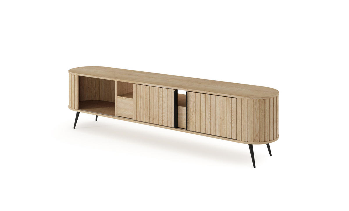 TV-LOWBOARD LOVI 196 cm Eiche Cremona - mit Riffel-Front und Schiebetüren - Eichefarben/Schwarz, Holz/Holzwerkstoff (196/51/40cm) - Ravio