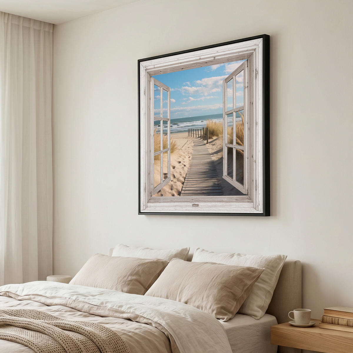 LEINWAND Bilder mit Rahmen - Fenster - Meer - Küste - Natur - Ausblick - Strand - Wattenmeer - 90x90 - Beige, Textil (90/90cm) - MuchoWow