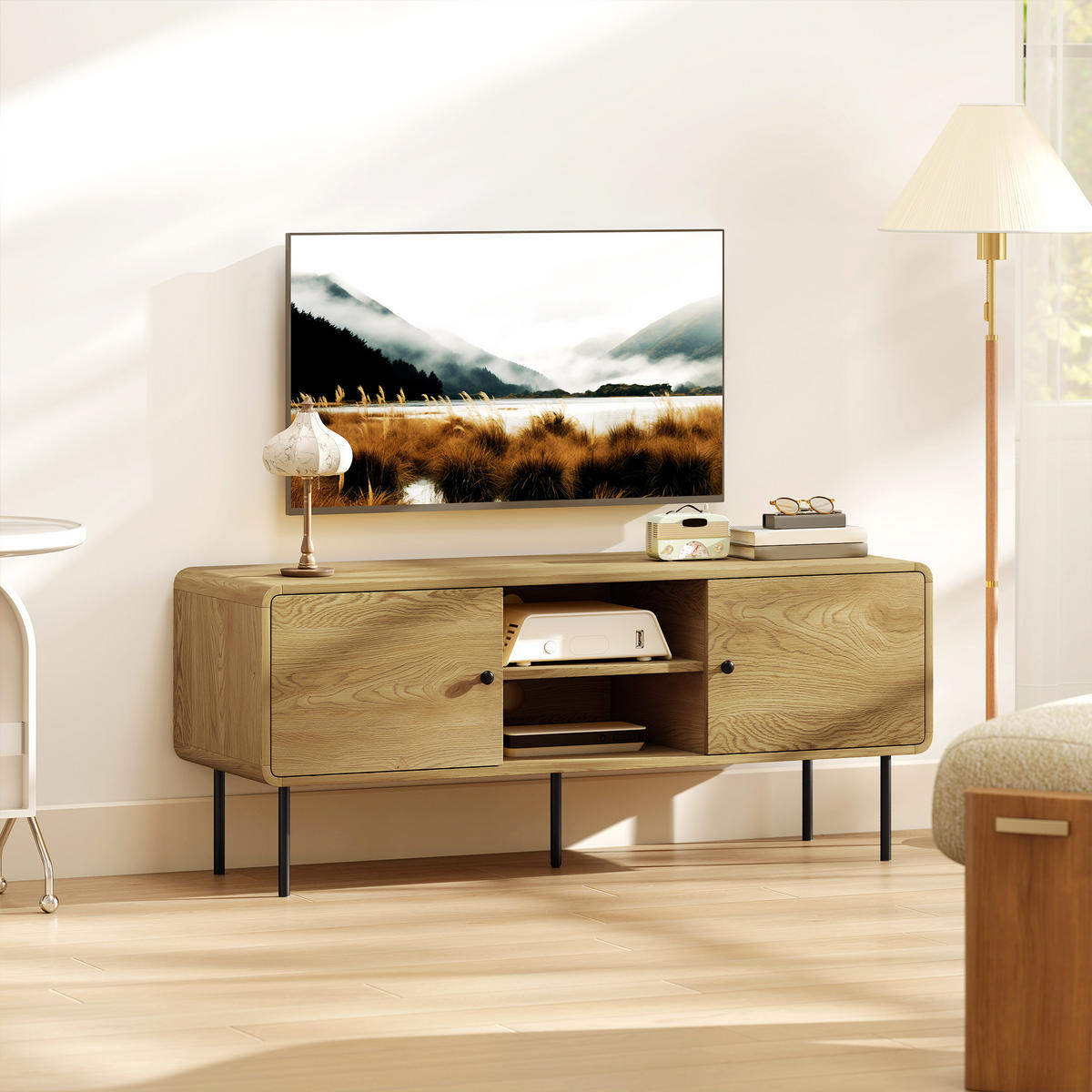 TV-LOWBOARD Eichefarben/Schwarz 120/40/50 cm, 2 Türen, Metallfüße - Eichefarben, Holzwerkstoff (120/50/40cm) - PANGIVO