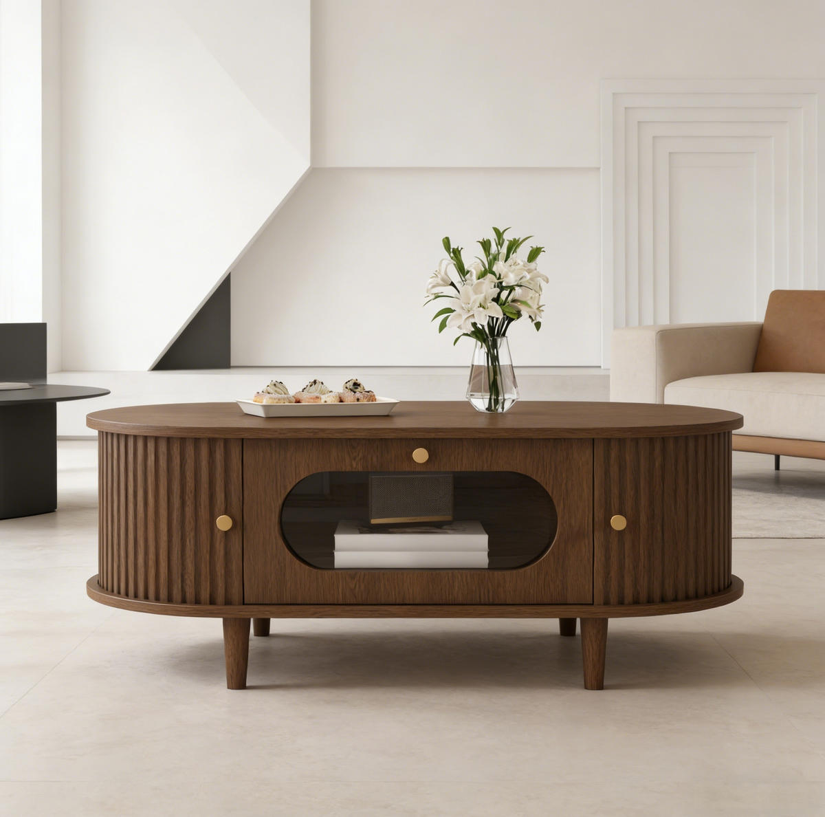 KONFERENČNÍ stolek z MDF 100x50x36 cm ořechová barva se zásuvkou a roletovými dvířky, minimalistický design - barva vlašského ořechu, kompozitní dřevo (100/50/36cm) - Modfu