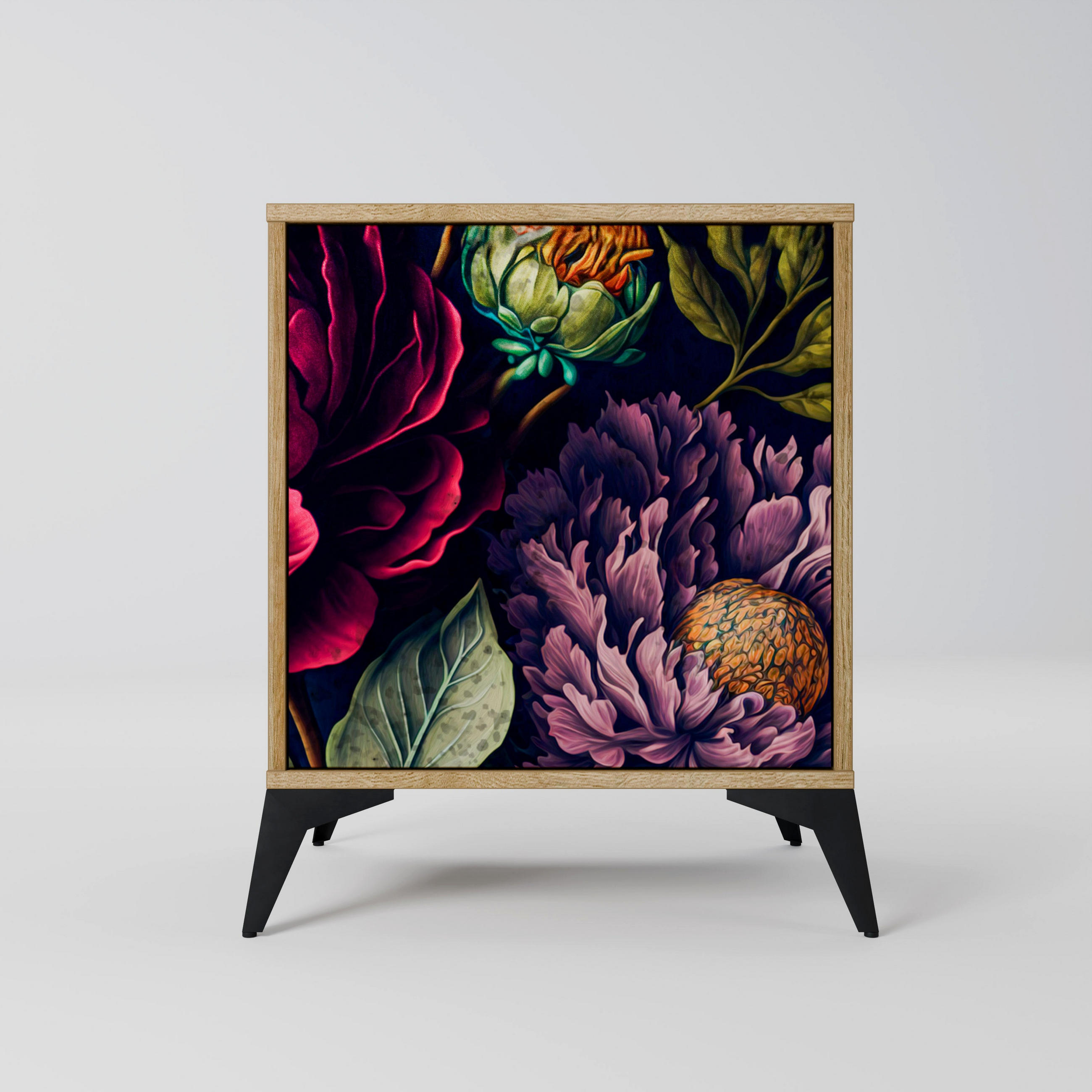 SIDEBOARD BLOOMING ELEGANCE, Eichefarben, 57,5x42x70,5 cm, Schwarze Metall-Sternfüße - Eichefarben/Multicolor, Holzwerkstoff/Metall (57.5/70.5/42cm) - SpaceRebels