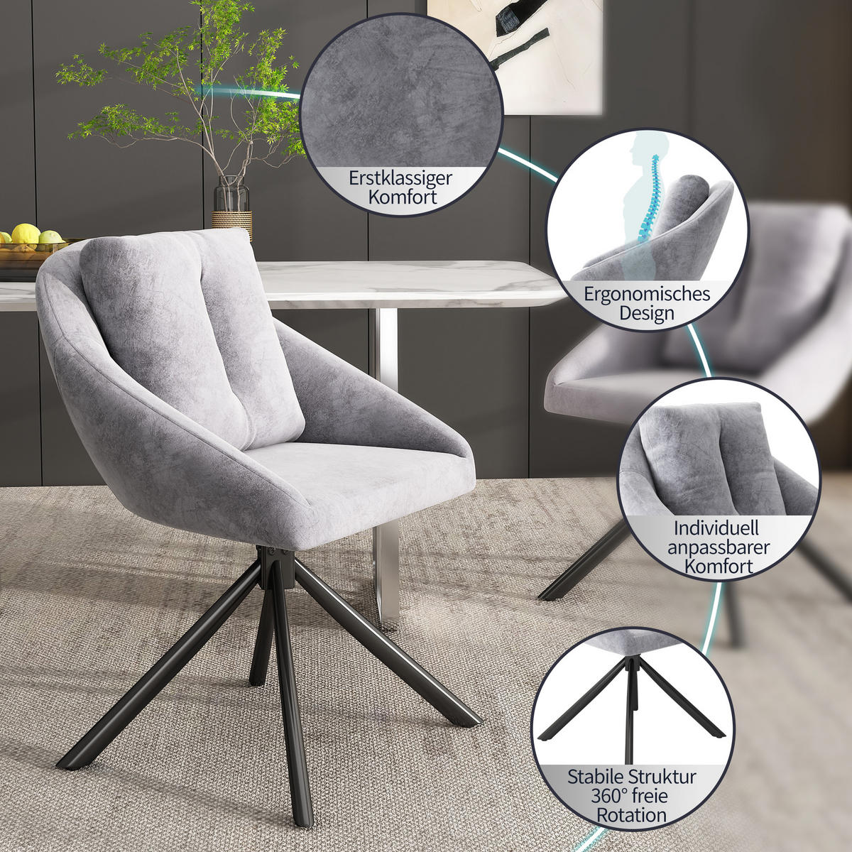 ESSZIMMERSTUHL Drehbar Grau Samt, Ergonomisch, Modern - Grau, Textil (65/79/59cm) - FLIEKS