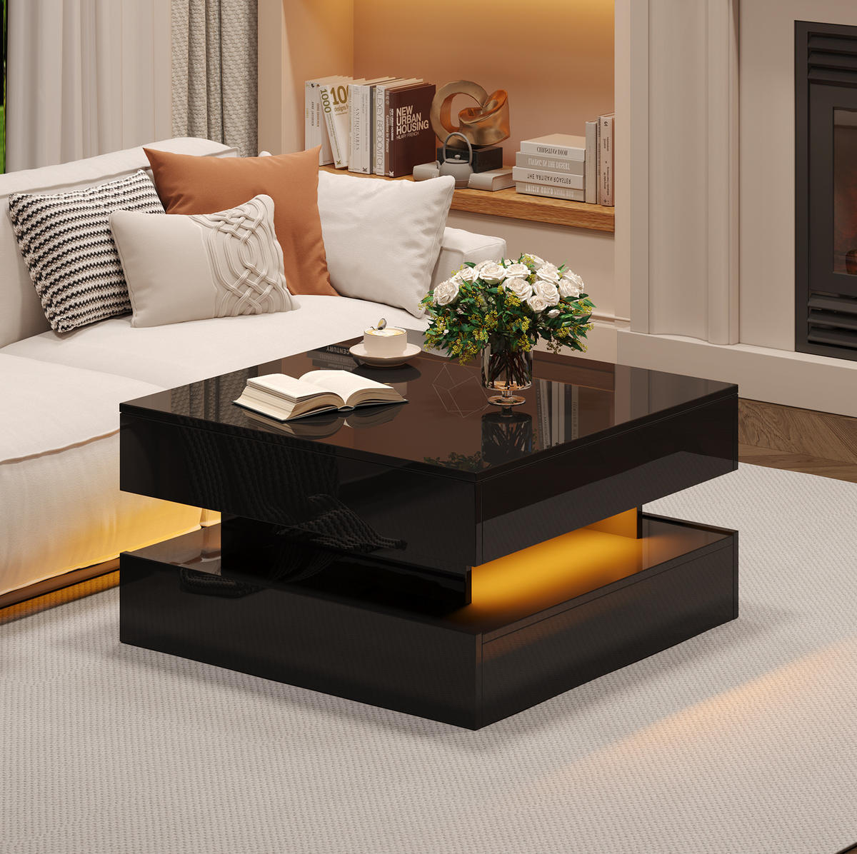 COUCHTISCH 65/65/38,5 cm mit anhebbarer Tischplatte, 2 Schubladen, LED-Beleuchtung und verstecktem Stauraum aus Spanplatte, Schwarz - Schwarz, Holzwerkstoff (65/65/38.5cm) - Redom