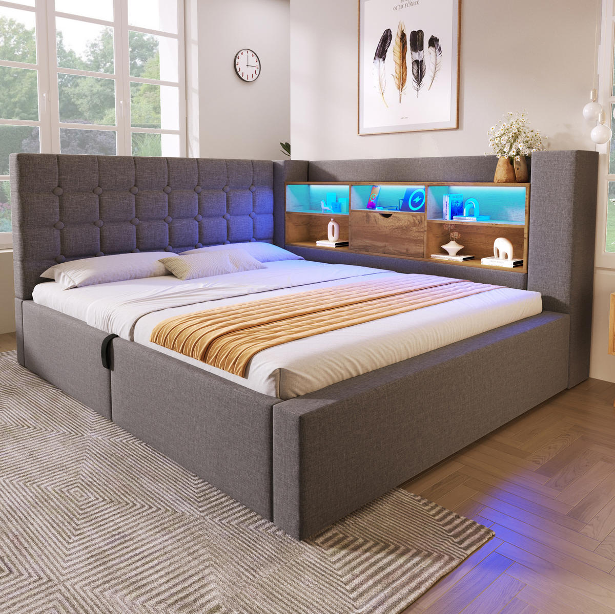 POLSTERBETT 140/200 cm mit LED-Beleuchtung, Bettkasten und flexiblem Kopfteil - Grau, Textil (140/200cm) - BEAOK