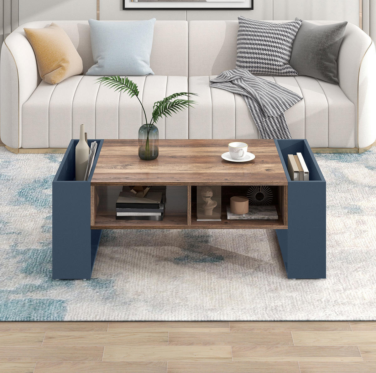 COUCHTISCH aus melaminbeschichteter Spanplatte 111x60x40 cm Holzoptik Grauschwarz mit Stauraum - Grau, Holzwerkstoff (111/60/40cm) - IVMEU
