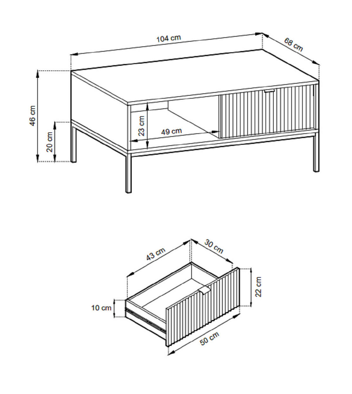 COUCHTISCH 100 cm Galla mit geriffelten Fronten und Schublade, Schwarz + Gold - Goldfarben/Schwarz, Holz (68/104/46cm) - Emporius