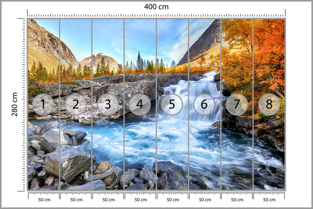 FOTOTAPETE Wasserfall Berge Wald Felsen 3D 400x280 - Blau/Gelb, Papier (400/280cm) - Muralo