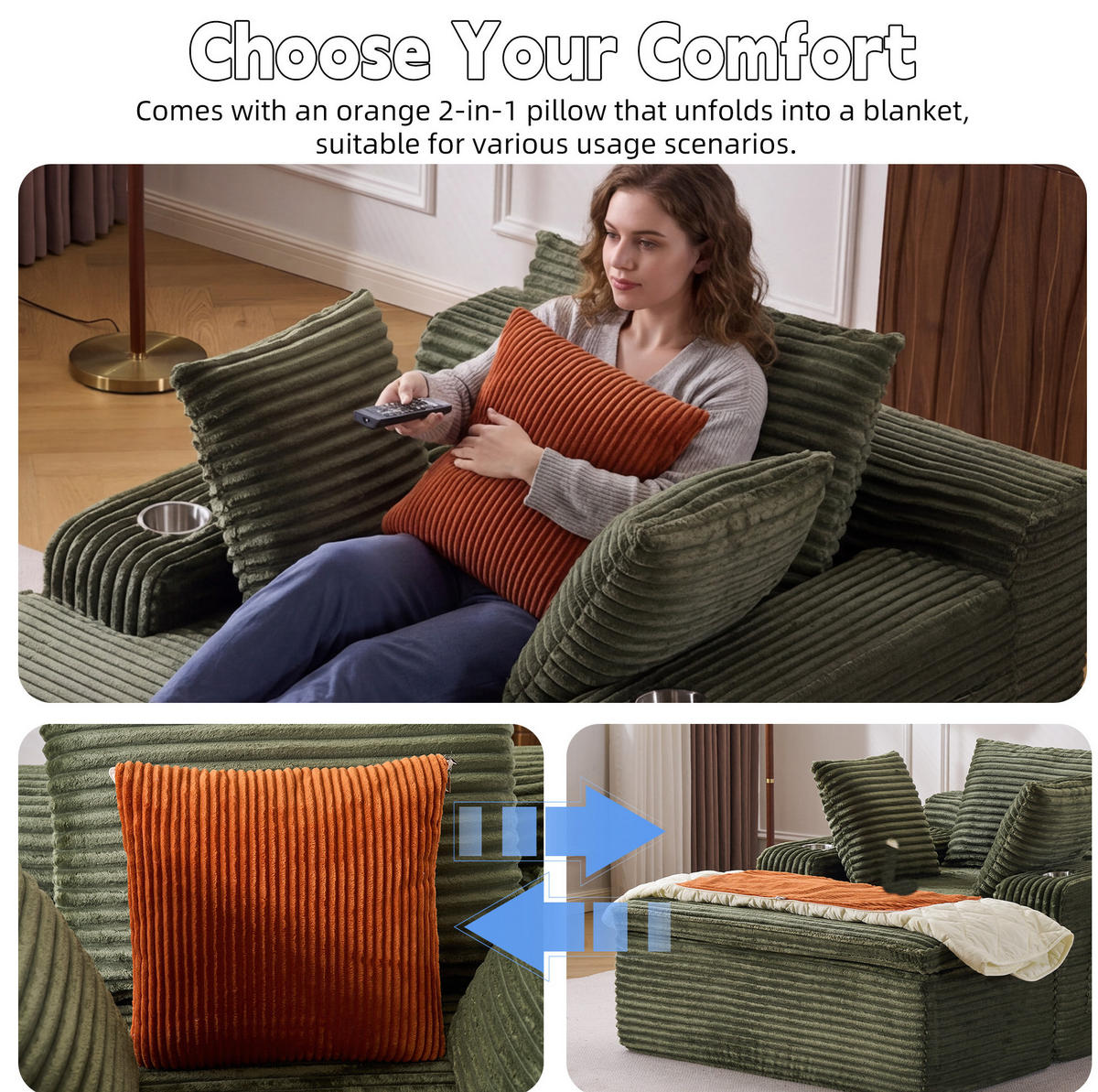 SOFA mit Chaiselongue Grün Cord - Grün, Kunststoff (112/63/165cm) - Meubliv