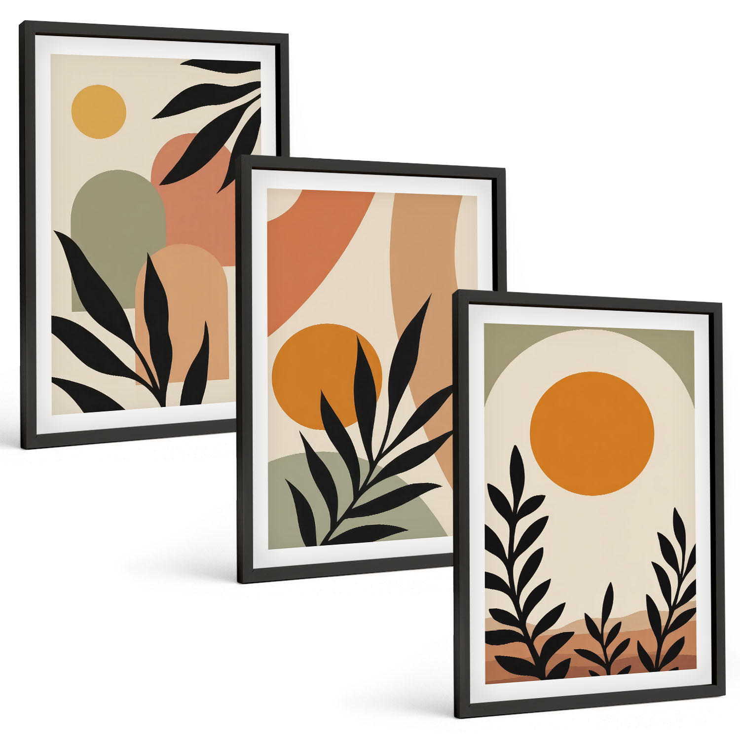 BILDER SET 3er Set - 40x60 cm Schwarzer Rahmen - Abstrakte Pflanzenformen - Schwarz, Kunststoff (40/60cm) - TULUP