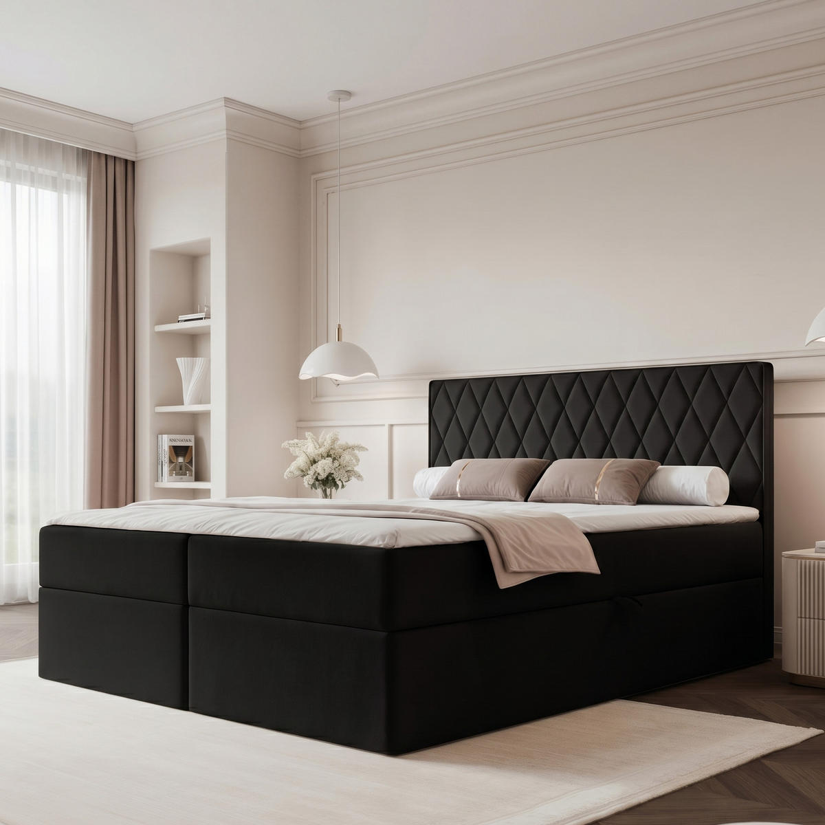 BOXBETT PONTI 160x200 cm Schwarz (Samt) - mit 2 Bettkästen, Bonellmatratze und vertikaler Rautensteppung - Schwarz, Holzwerkstoff/Textil (160/200cm) - Ravio