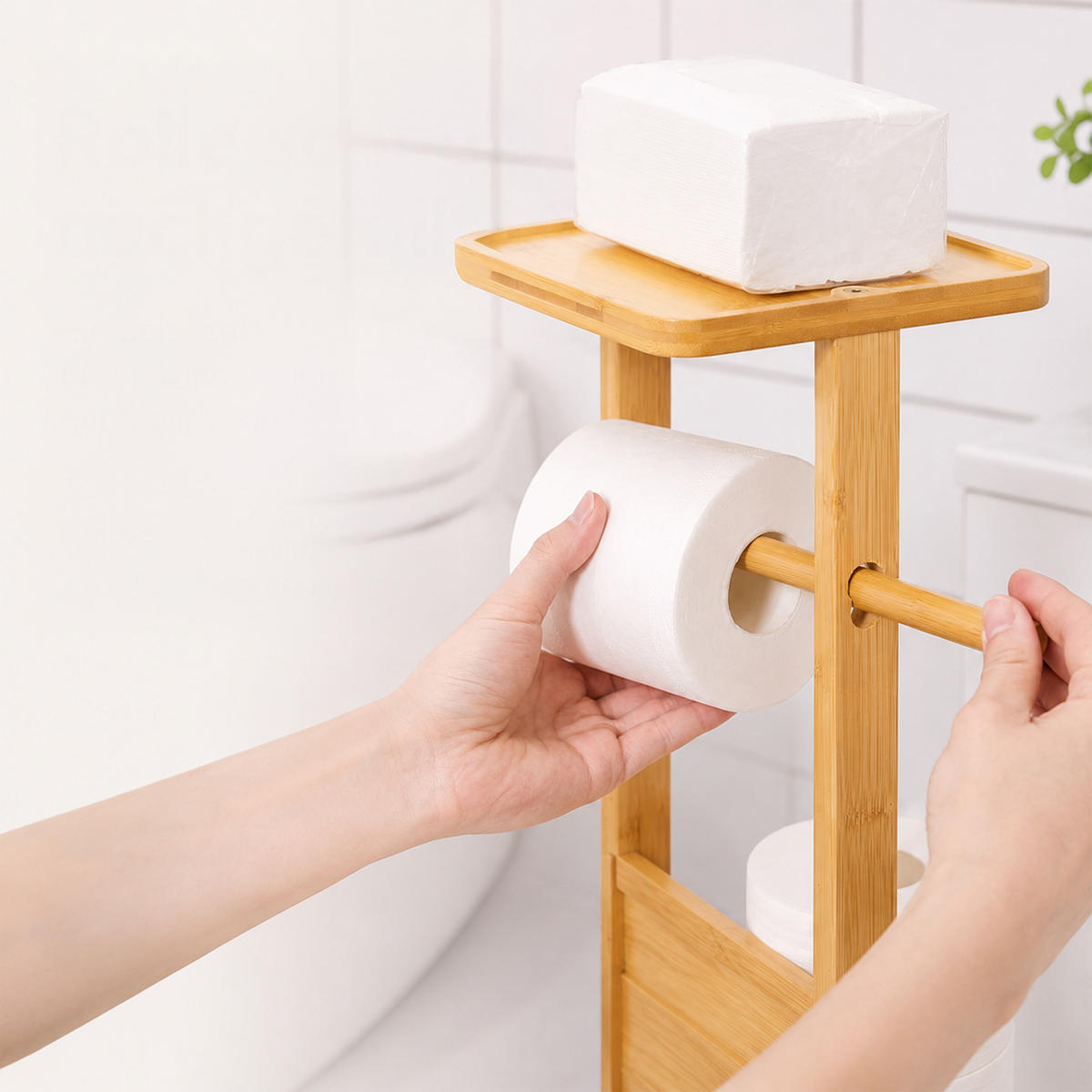 WC-SOUPRAVA přírodní bambus s poličkou 80 cm - světle hnědá, dřevo/kompozitní dřevo (30/80/18cm) - Relaxdays