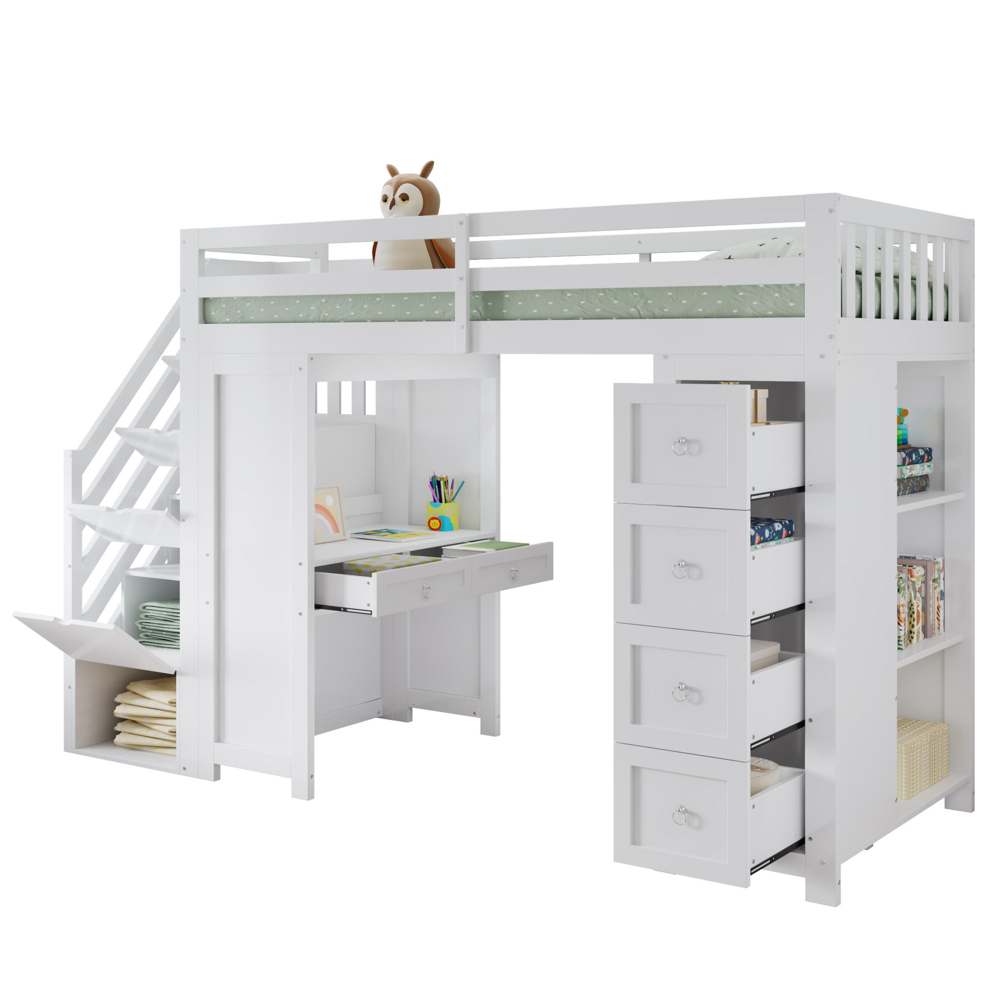 HOCHBETT 90/200 cm in Weiß mit Schubladen, Regal und Schreibtisch - Weiß, Holzwerkstoff (90/200cm) - STILVORA