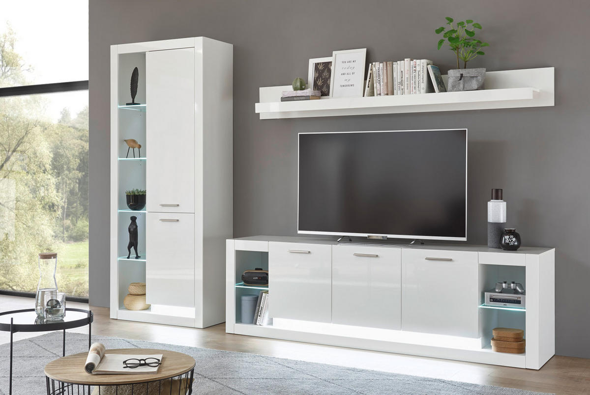 WOHNWAND 3-teilig weiß Hochglanz 298 cm, Schrankwand modernes Design - Weiß Hochglanz/Silberfarben, Glas/Holzwerkstoff (298/198/43cm) - Furn.Design
