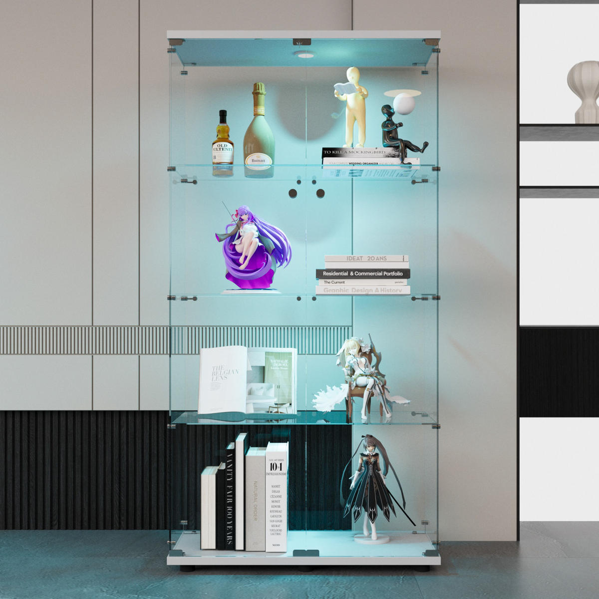 VITRINE Weiß 80/36/164 cm mit LED-Beleuchtung, 4 Ebenen Vitrinenschrank für Wohnzimmer - Schwarz, Glas (36/164/80cm) - PARAFTA HOME