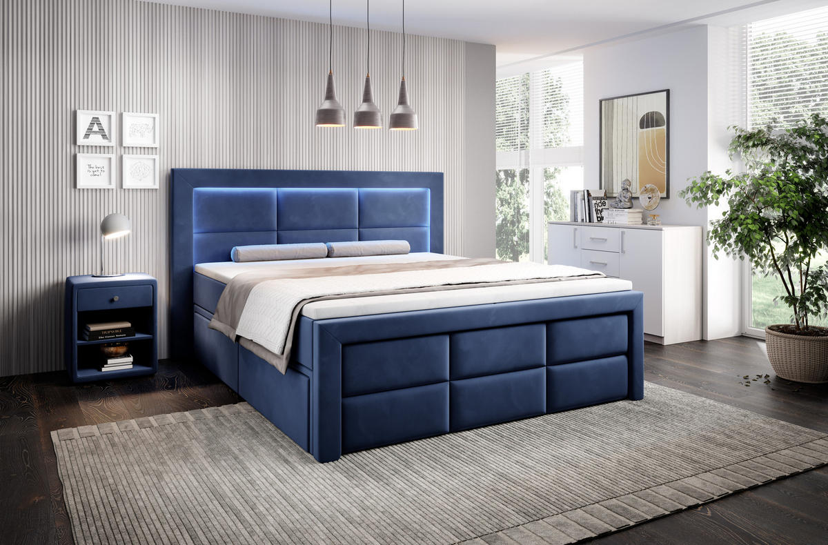 BOXSPRINGBETT Aspen mit Schubladen und Topper, LED-Beleuchtung, Samt, 180x200 cm, Dunkelblau - Dunkelblau, Holz - PROMETO Möbel