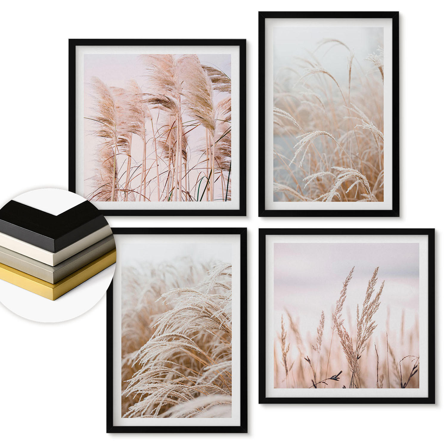 WANDBILDER 4er-Set - 50x50 cm & 40x60 cm Schwarzer Rahmen - Grasfelder in Braun- und Beigetönen - Schwarz, Kunststoff (50/50cm) - ArtPrintCave
