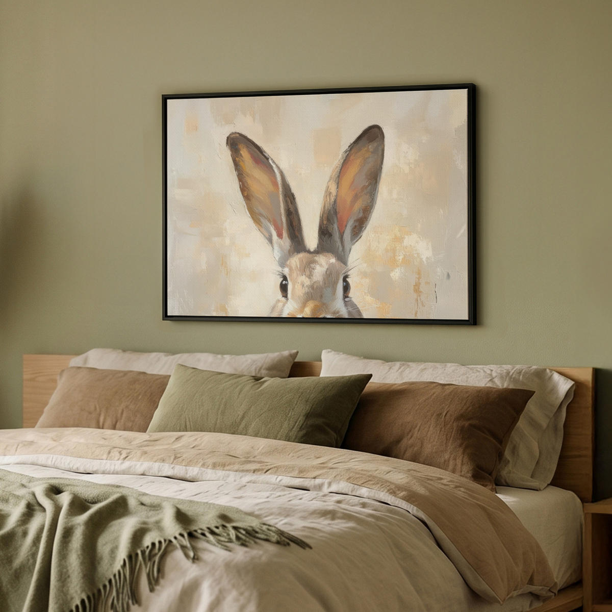 LEINWAND Bilder mit Rahmen - Hase - Ohren - Braun - 80x60 - Beige, Textil (80/60cm) - MuchoWow