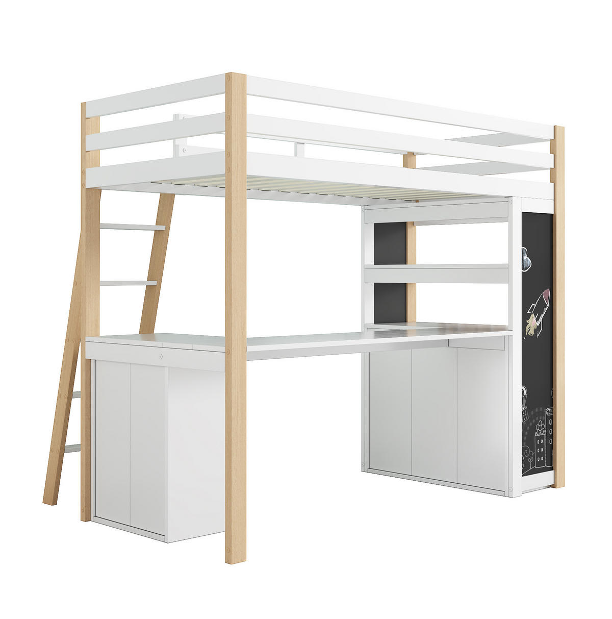 HOCHBETT mit Schreibtisch 90/200 cm in Weiß/Natur – mit Stauraum und Leiter - Weiß, Holzwerkstoff (90/200cm) - BEAOK