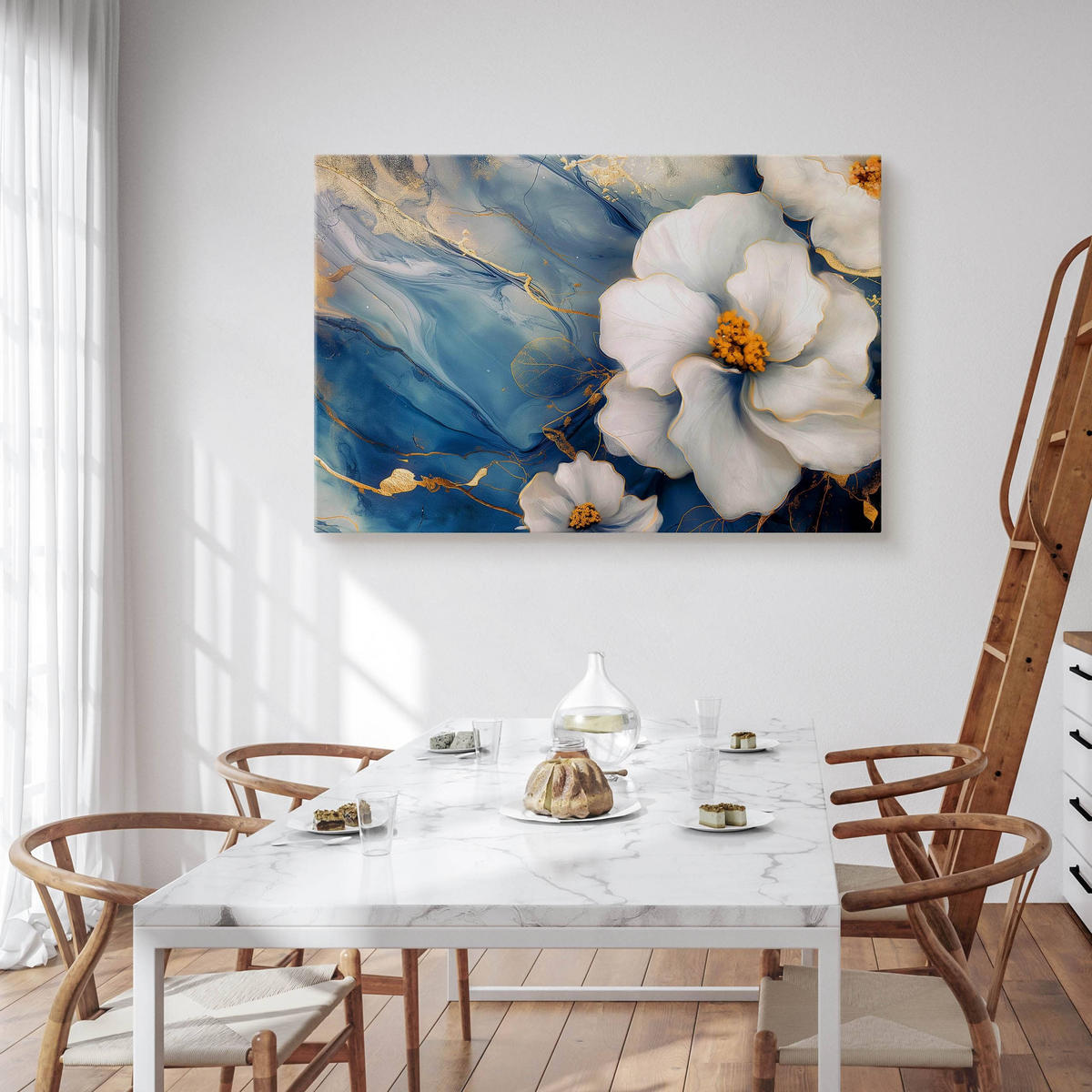 LEINWANDBILD Blumen Marmor Abstraktion Glamour 100cm x 70cm - Blau/Beige, Textil (100/70cm) - Muralo