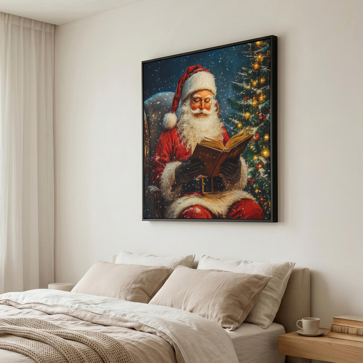 LEINWAND Bilder mit Rahmen - Weihnachtsmann - Weihnachten - Winter - Weihnachtsbaum - 90x90 - Bordeaux, Textil (90/90cm) - MuchoWow