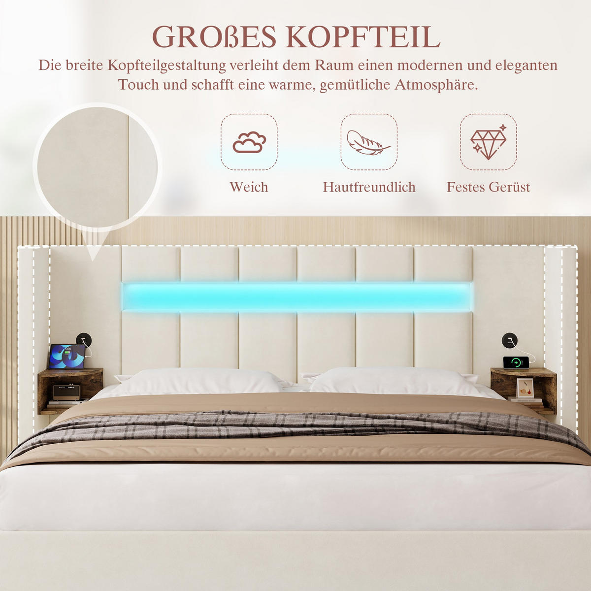 BOXBETT 180/200 mit Bettkasten, LED, USB/Typ C-Ladeanschluss,Samt,Beige - Beige, Metall (180/200cm) - LVHOM