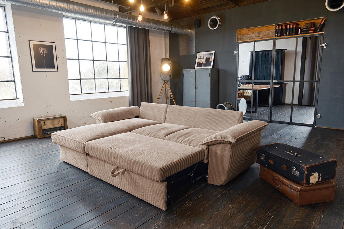 ECKSOFA DAMETO Braun Cord - Dunkelbraun/Schwarz, Kunststoff/Textil (266/174cm) - KAWOLA