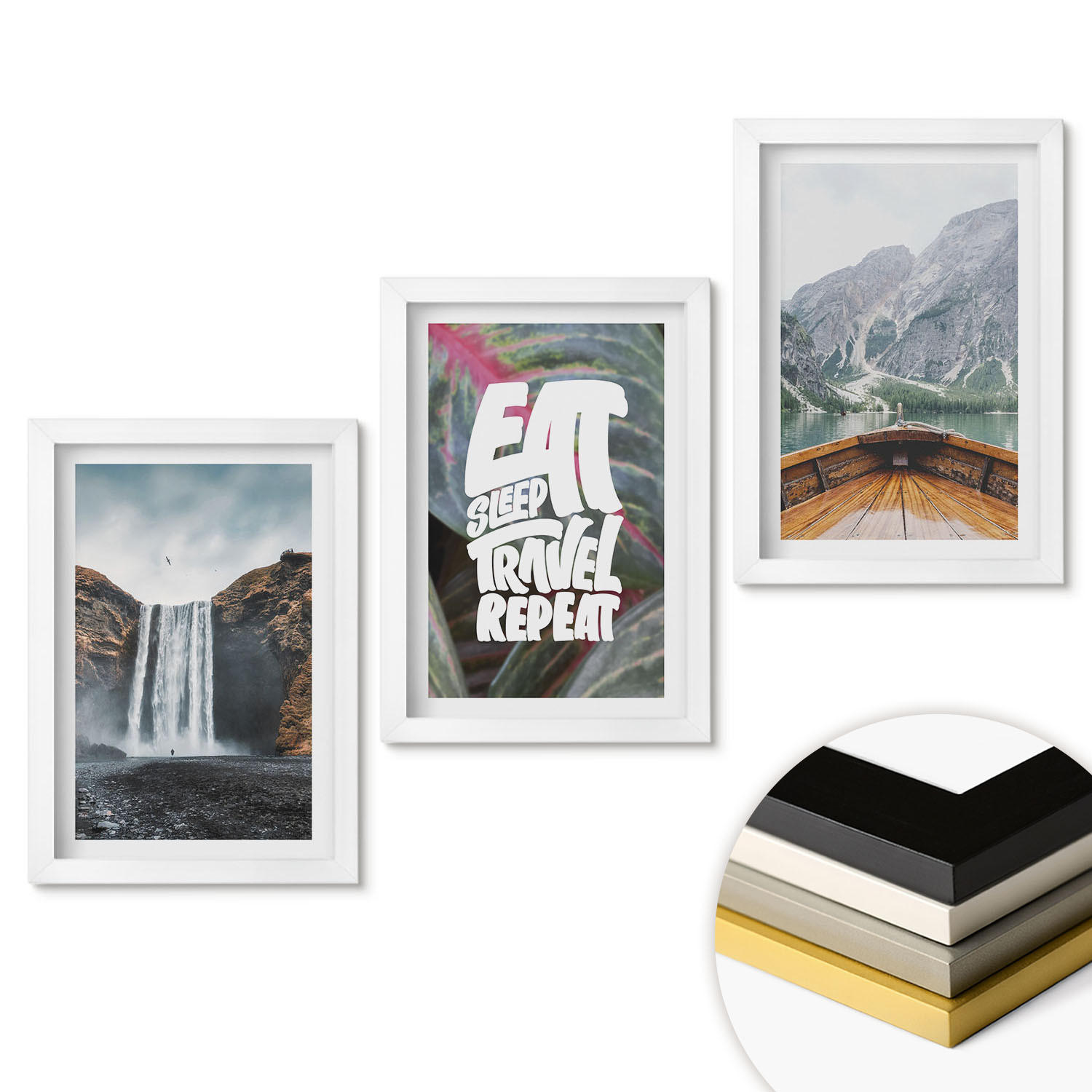 WANDBILDER 3er-Set - 20x30 cm Weißer Rahmen - Wasserfall Berge Natur Boot - Weiß, Kunststoff (20/30cm) - ArtPrintCave