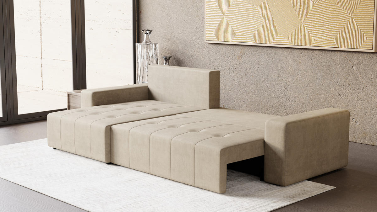 ECKSOFA Tico mit Bettkasten und Schlaffunktion, L-Form/XL-Form, Velourstoff, Universal - Beige, Holzwerkstoff (276/145cm) - 4ALL HOME