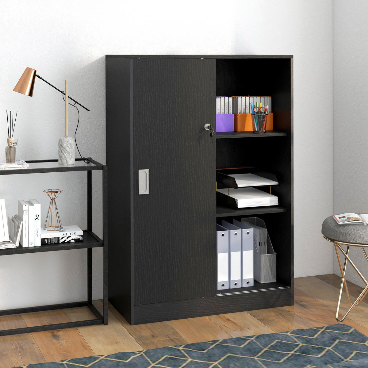 AKTENSCHRANK DE-14416 2 Schiebetüren abschließbar, 2 Böden Schwarz - Schwarz, Holzwerkstoff (40/120/80cm) - ComfortXL