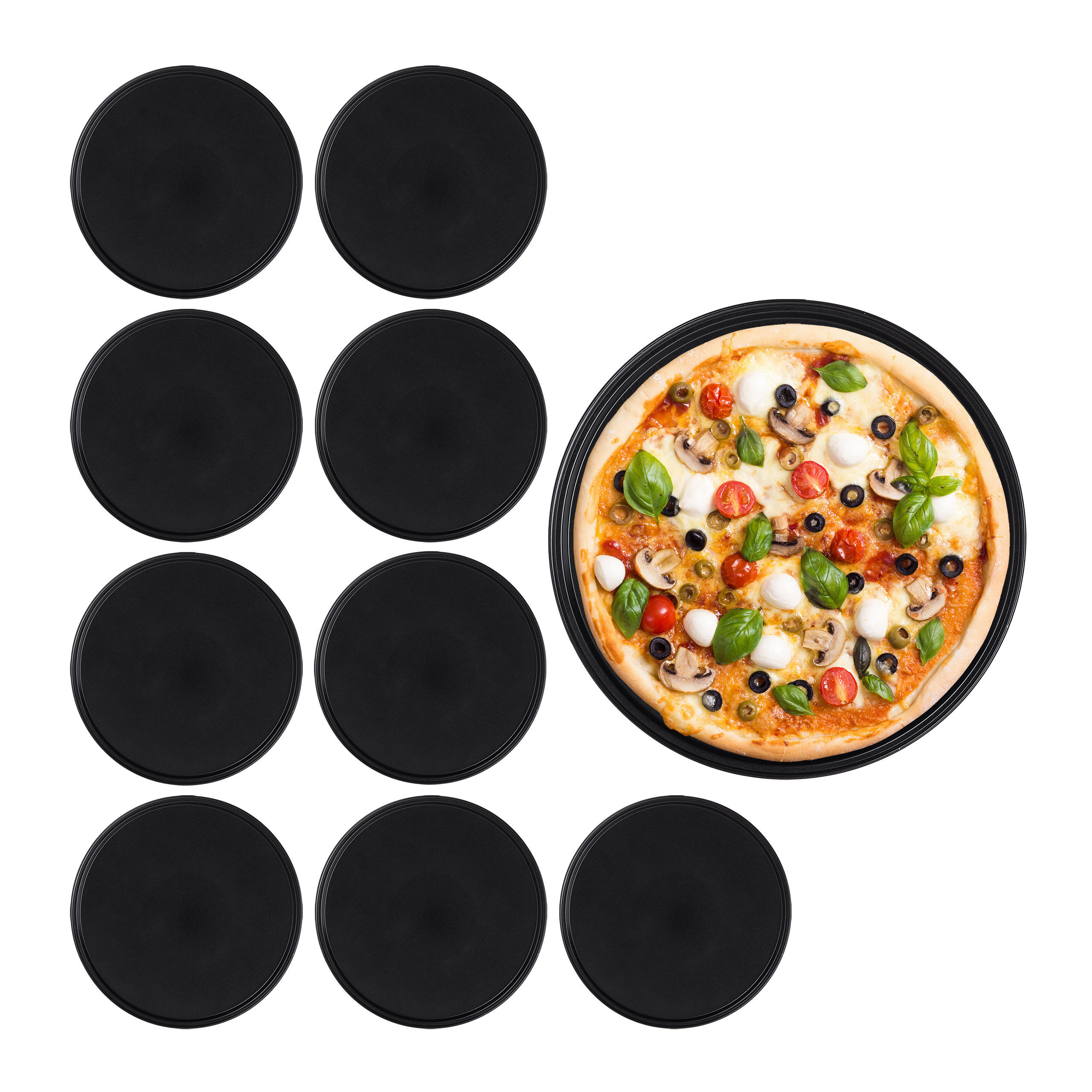 Relaxdays PLECH Černý na pizzu 10dílná-sada nepřilnavý 32 cm