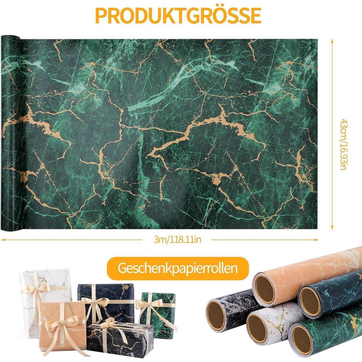 GESCHENKPAPIER 5-teiliges Set Marmor-Design 43 cm x 3 m - Multicolor, Papier (43/0.1/300cm)
