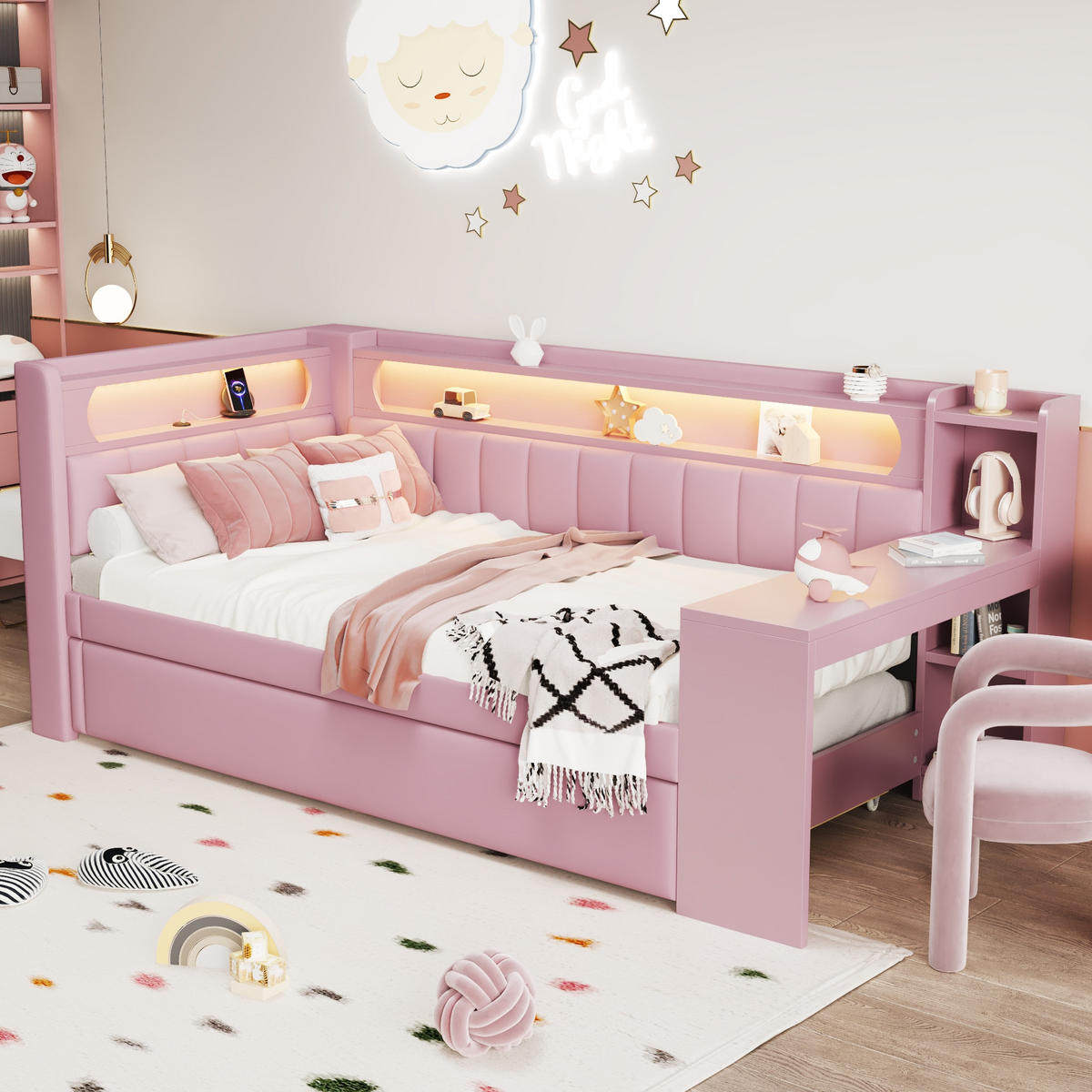 TAGESBETT mit Ausziehbett und Schreibtisch 90x200 cm Rosa - Rosa, Holzwerkstoff (90/200cm) - Meubliv