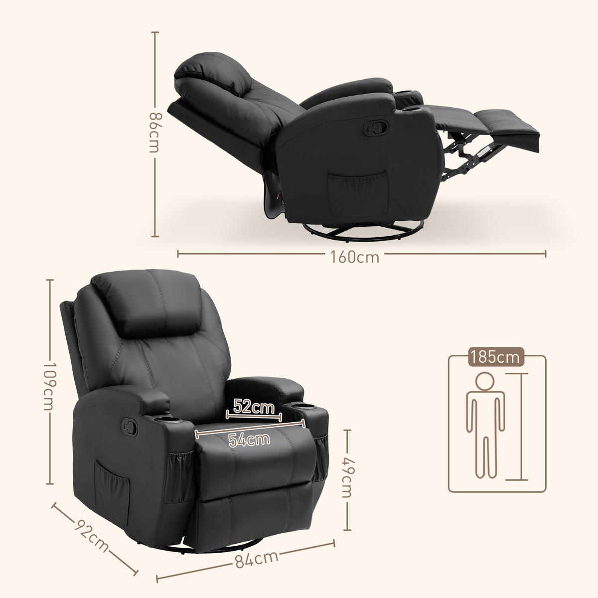 MASSAGESESSEL Fernsehsessel Elektrisch Relaxsessel 5 Massage-Modi Schwarz - Schwarz, Kunststoff/Metall (92/109/84cm) - HOMCOM