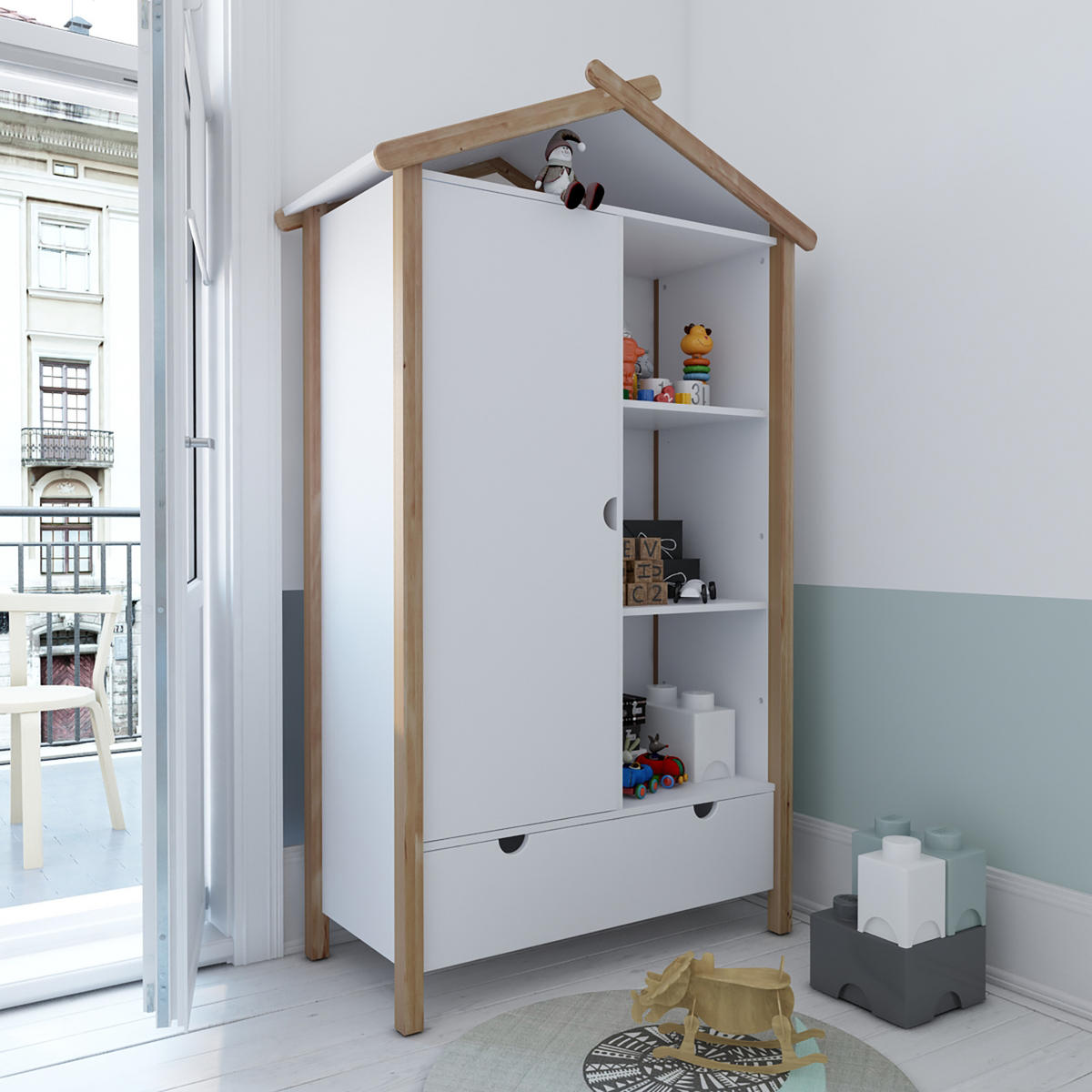 KLEIDERSCHRANK Malmö in Hausform - 1 Tür, 3 offene Fächer, 1 Schublade - Weiß, Holz (112/187/51cm) - TPFLiving