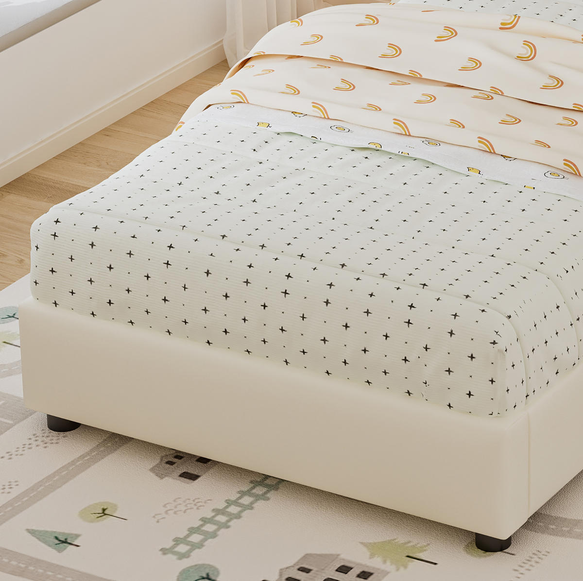 DJEČJI tapecirani krevet 90/200 cm bež od drva s naslonom i mekim zaštitnim rubovima - bež, drvni materijal (90/200cm) - OKWISH