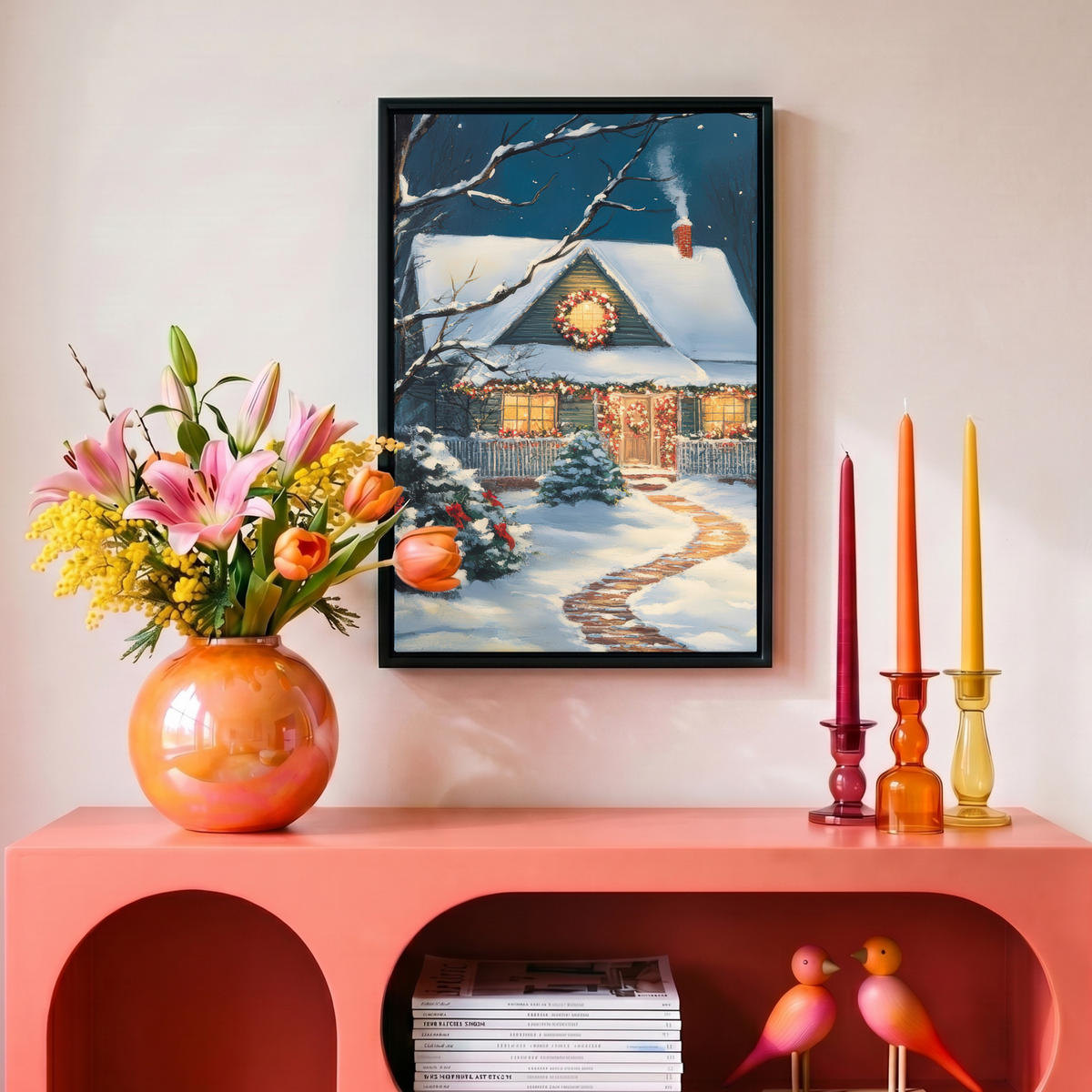LEINWAND Bilder mit Rahmen - Weihnachten - Weihnachtsbaum - Winter - Zuhause - Schnee - 20x30 - Smaragdgrün, Textil (20/30cm) - MuchoWow