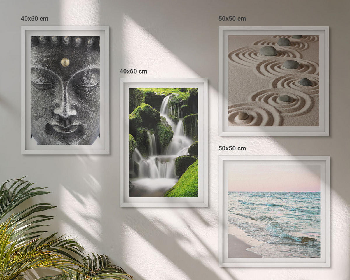 BILDER SET 4er Set - 50x50 cm & 40x60 cm Weißer Rahmen - Der Frieden der Natur mit Buddha - Weiß, Kunststoff (50/50cm) - TULUP