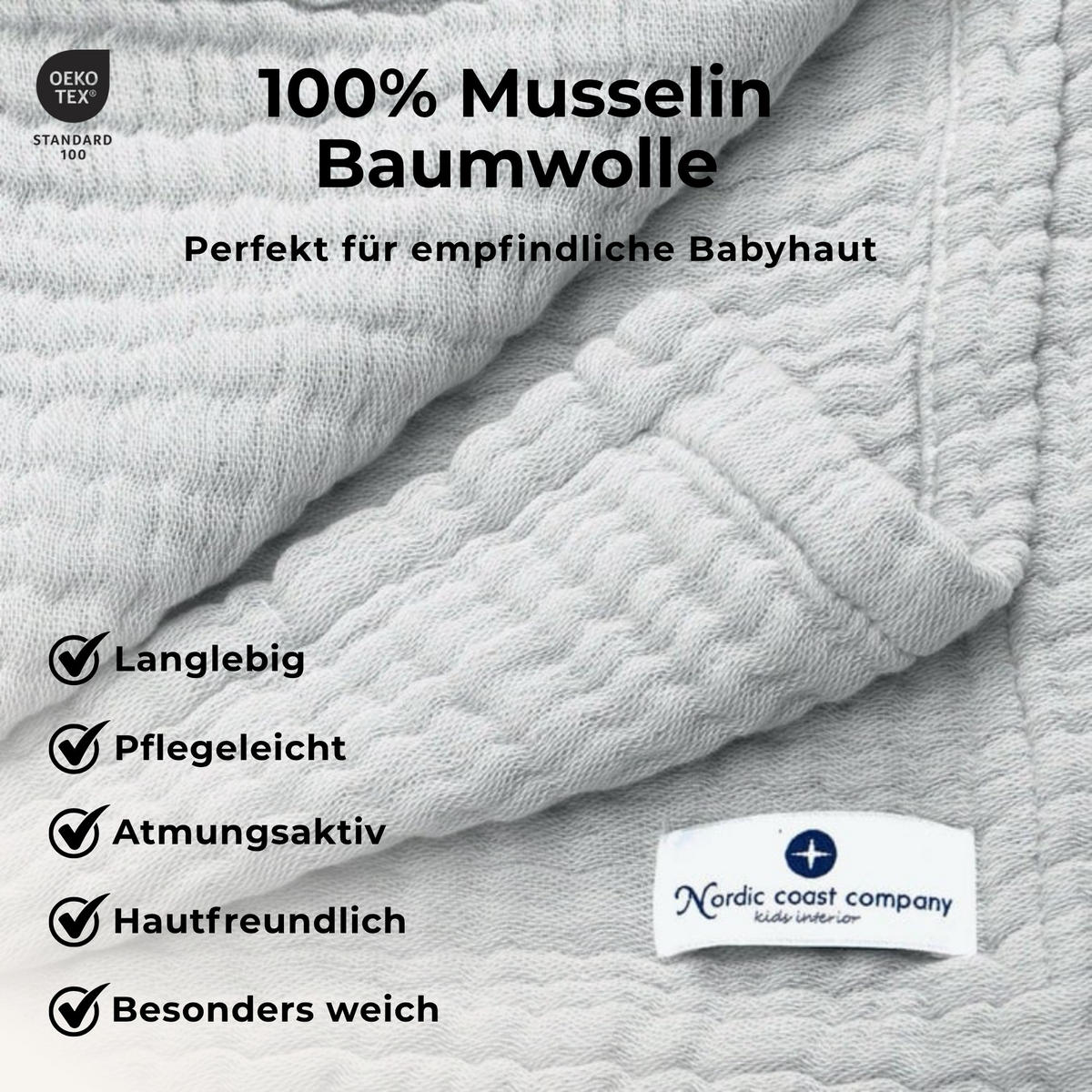 MUSSELINDECKE XL Babydecke Stilltuch Einschlagdecke Säuglingsdecke Mulltuch ab Geburt - Grau, Textil (90/120cm) - nordic coast company