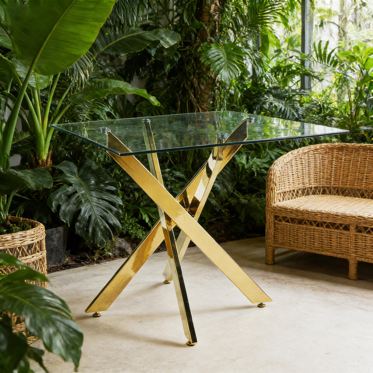 ESSTISCH 80/80/75 cm goldfarben aus Glas und Metall mit Kreuzgestell - Goldfarben, Metall (80/80/75cm) - OKWISH