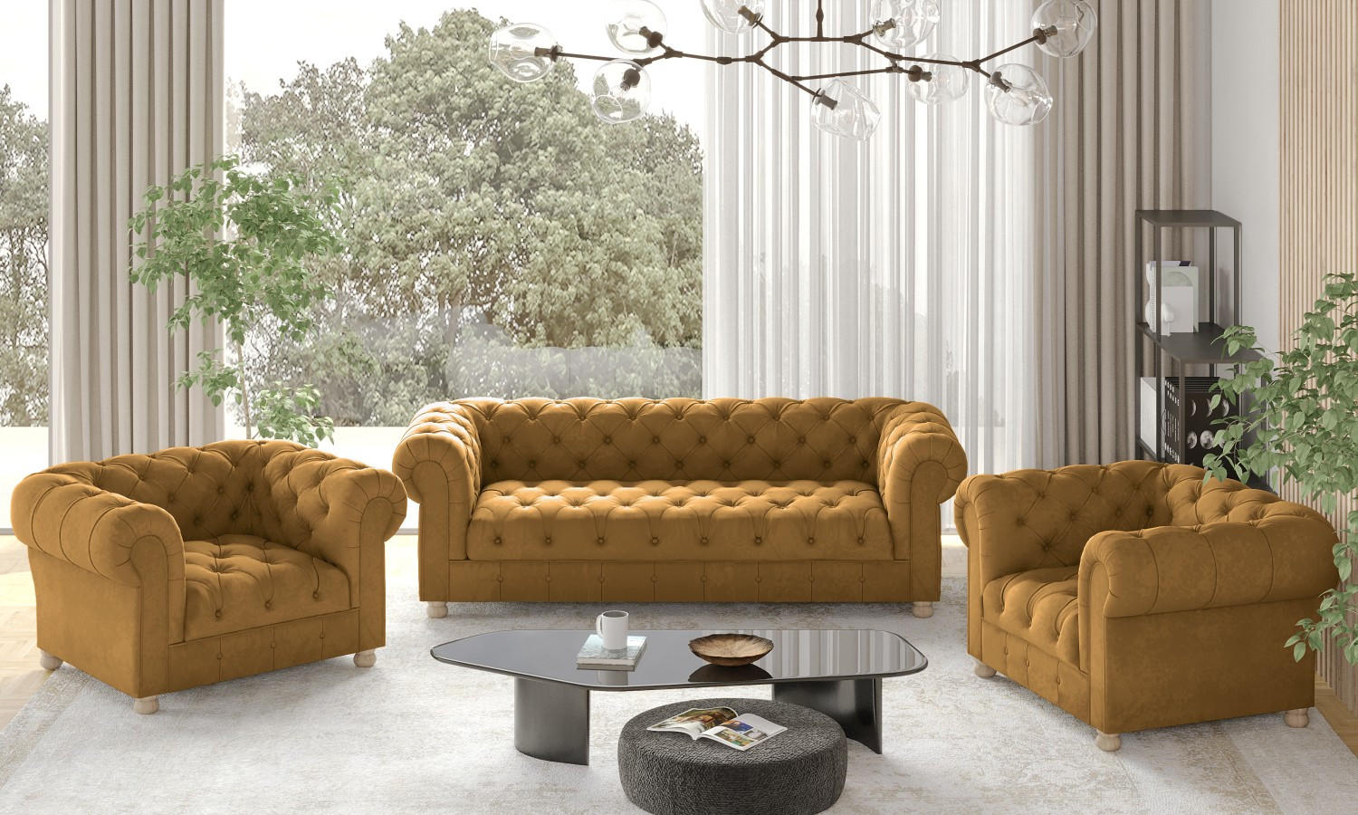 SITZGARNITUR 3+1+1 CHESTERFIELD Elegant Klassisch Schick Stoff Whisper Kupfer - Kupferfarben, Holz (202/77/90cm) - Kaiser Möbel