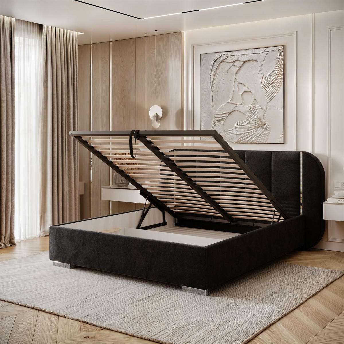 BETT AMARA SILVER 180x200 gepolstert mit Stauraum und Lattenrost, Royal Velvet 254 - Schwarz, Textil - Lookway
