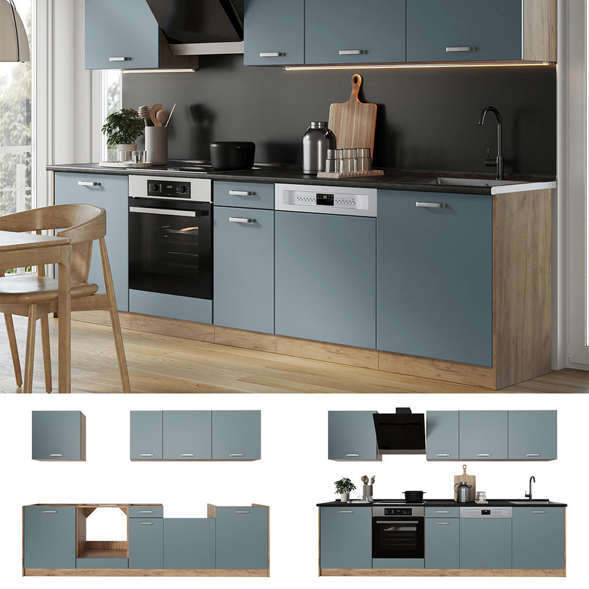 KÜCHENZEILE R-Line, Blau-Grau/Goldkraft Eiche, 280 cm Arbeitsplatte Goldkraft Eiche - Honigeiche/Blaugrau, Holzwerkstoff (280/206.8/60cm) - Vicco