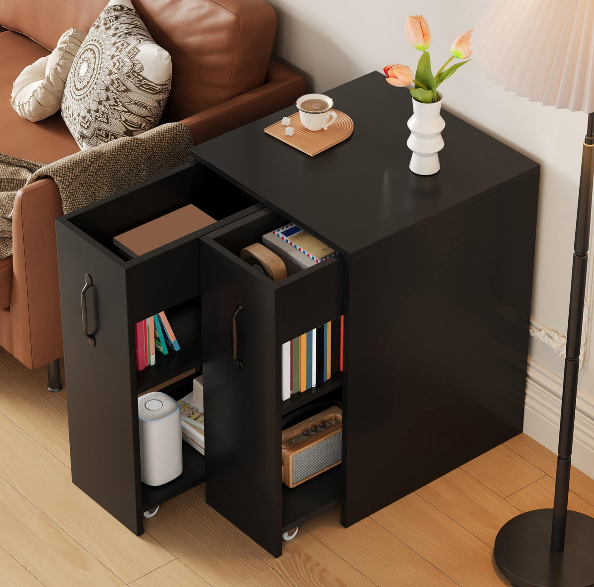 SIDEBOARD 52/50/75 cm mit 2 ausziehbaren Modulen, 8 Rollen und flexiblem Stauraum aus Spanplatte, Schwarz - Schwarz, Holzwerkstoff (52/75/50cm) - Redom