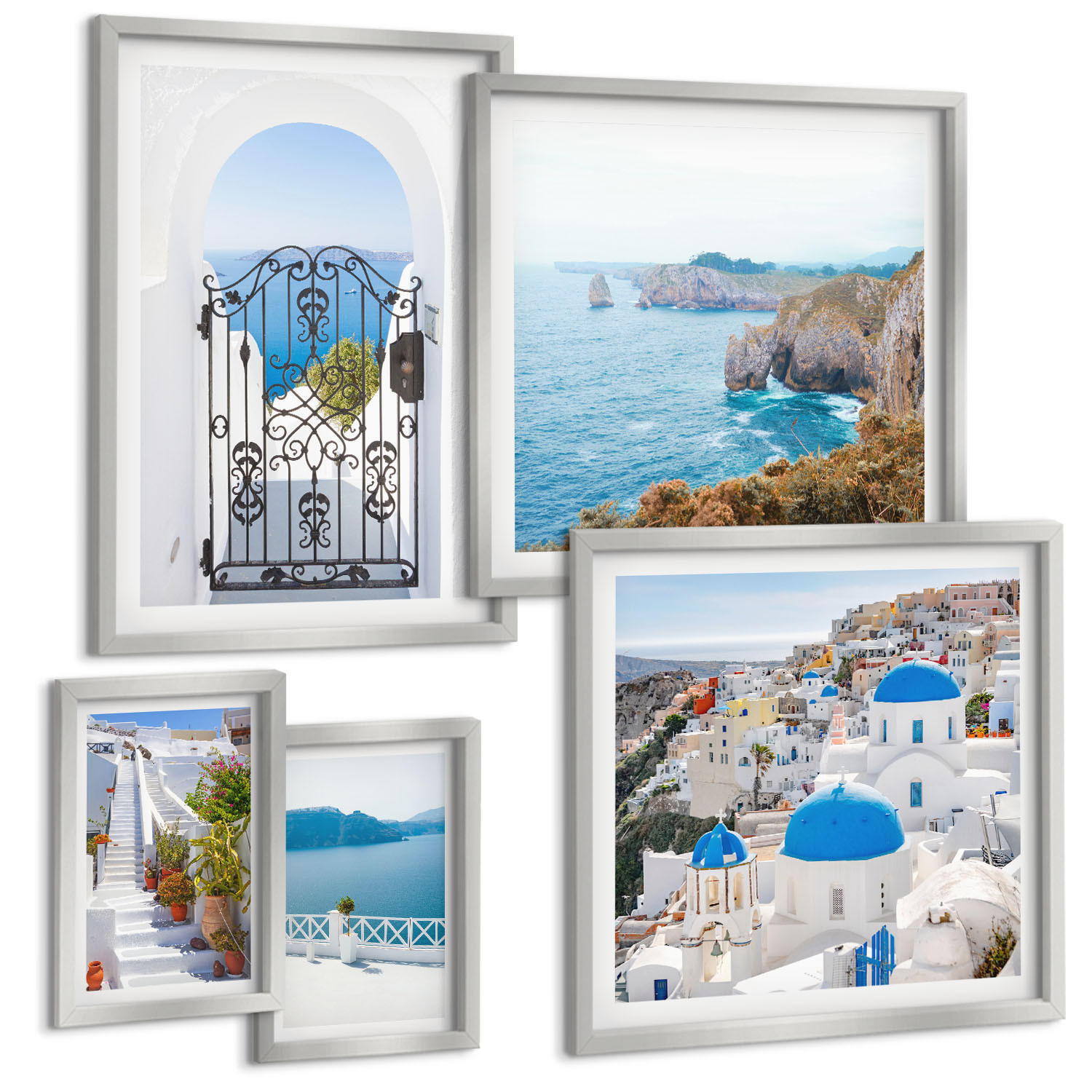 BILDER SET 5er Set - 50x50 cm & 20x30 cm & 40x60 cm Silberner Rahmen - Weiße Treppenpflanzen Meer - Silberfarben, Kunststoff (40/60cm) - TULUP