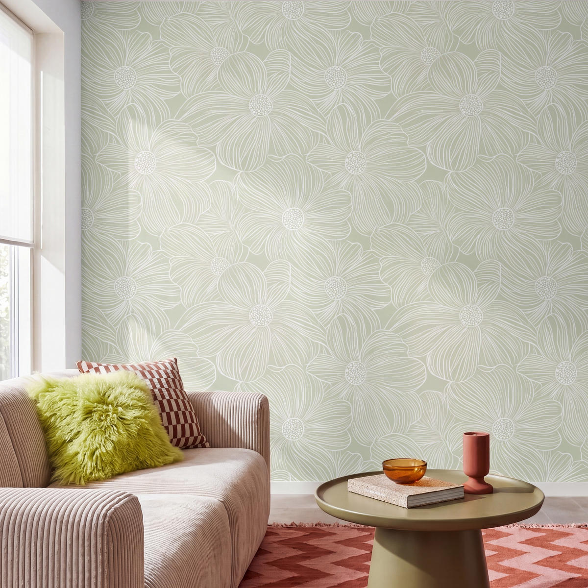 TAPETE - Gelassenheit - Blumen - Grün - 300x300 cm - Salbeigrün, Papier (300/300cm) - OnlyWow