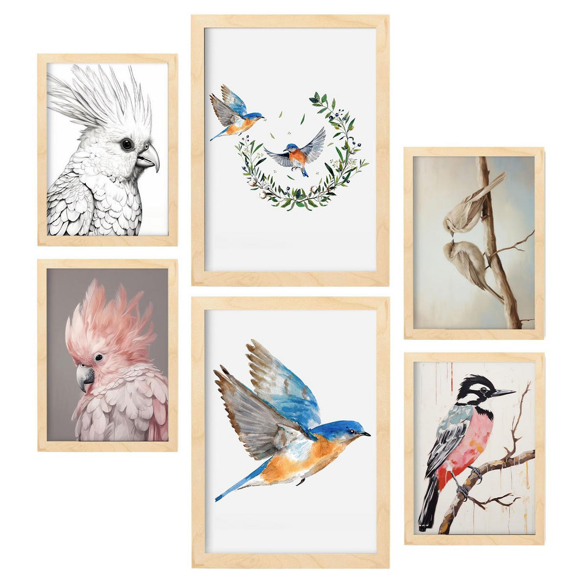 POSTER Set Mit 6 Vogelsammlungen A3 & A4 Rahmen Aus Hellem Holz - Beige, Papier (29/3cm) - Nacnic